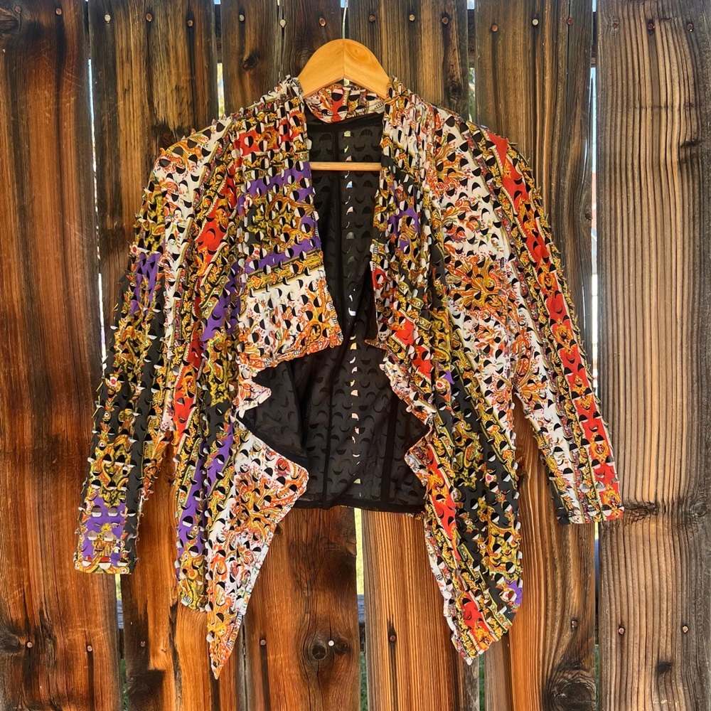 Vintage Unique Colorful 3/4 Sleeve Drape Front Jacket Funky Avant Garde XS